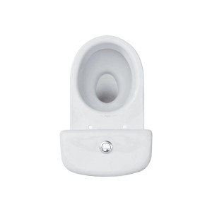 Białe kompaktowe WC t.b.t., widok z góry z przyciskiem spłukiwania.