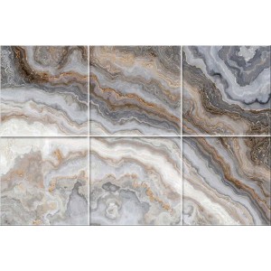 Płytki dekoracyjne imitujące marmur, szaro-beżowe ze złotymi akcentami.