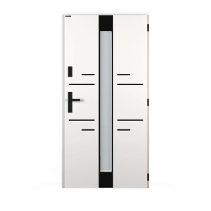 Nowoczesne, białe drzwi zewnętrzne z szybą i czarnymi akcentami.