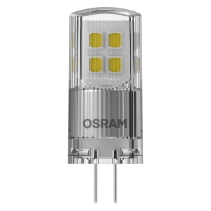 Żarówka LED G4 OSRAM z przezroczystą obudową i żółtymi diodami LED.
