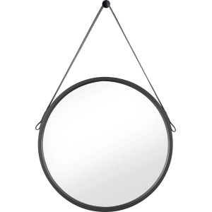 Okrągłe lustro, Ø 50 cm, z czarną ramą i paskiem do zawieszenia.