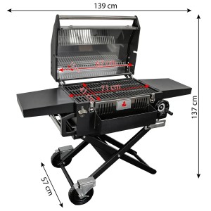 Czarny grill węglowy z półkami i wymiarami.