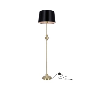 Elegancka lampa podłogowa z czarnym abażurem i złotą ramą do nastrojowego oświetlenia.
