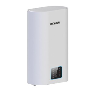 Biały bojler Zelmech z cyfrowym wyświetlaczem. Podgrzewacz wody do łazienki i kuchni.