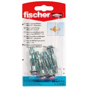 Fischer HM 6x37 kołki do płyt gipsowych ze śrubami, 4 szt., do bezpiecznego mocowania w pustych przestrzeniach.