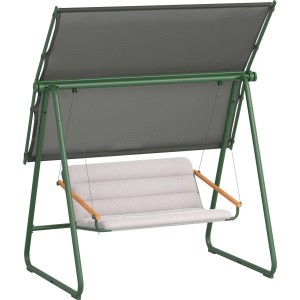 Zielona huśtawka ogrodowa z szarym daszkiem i wygodnym siedziskiem.