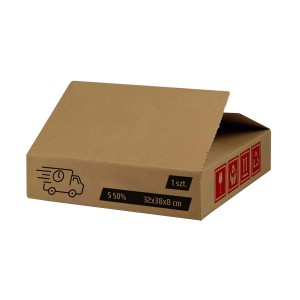 Otwarte brązowe pudełko kartonowe (32x38x8 cm) z symbolami wysyłki i ostrzeżeń.