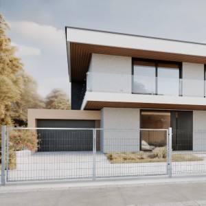 Srebrne ogrodzenie t.b.t. przed nowoczesnym domem. Akcesoria do ogrodzeń i aranżacji ogrodów.