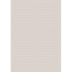 Beżowy dywan z krótkim włosiem i geometrycznym wzorem meandru.