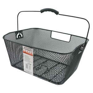 Czarny koszyk rowerowy z siatki drucianej z uchwytem do montażu na kierownicy.