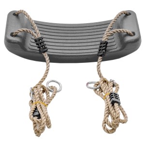 Szara huśtawka "t.b.t." z linami i metalowymi pierścieniami dla bezpiecznego trzymania.