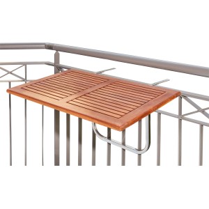 Prostokątny, jasnobrązowy stół ogrodowy Greenville (80x50cm) z drewna, zamontowany na balustradzie balkonu.