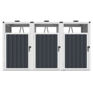 Potrójna obudowa na pojemniki na śmieci, szaro-biała, z drzwiami. Idealna do obudowy koszy na śmieci.