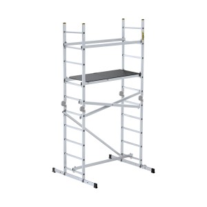 Ruchomy aluminiowy ruszt drabiniasty DRABEST IKAR z kołami i platformą.