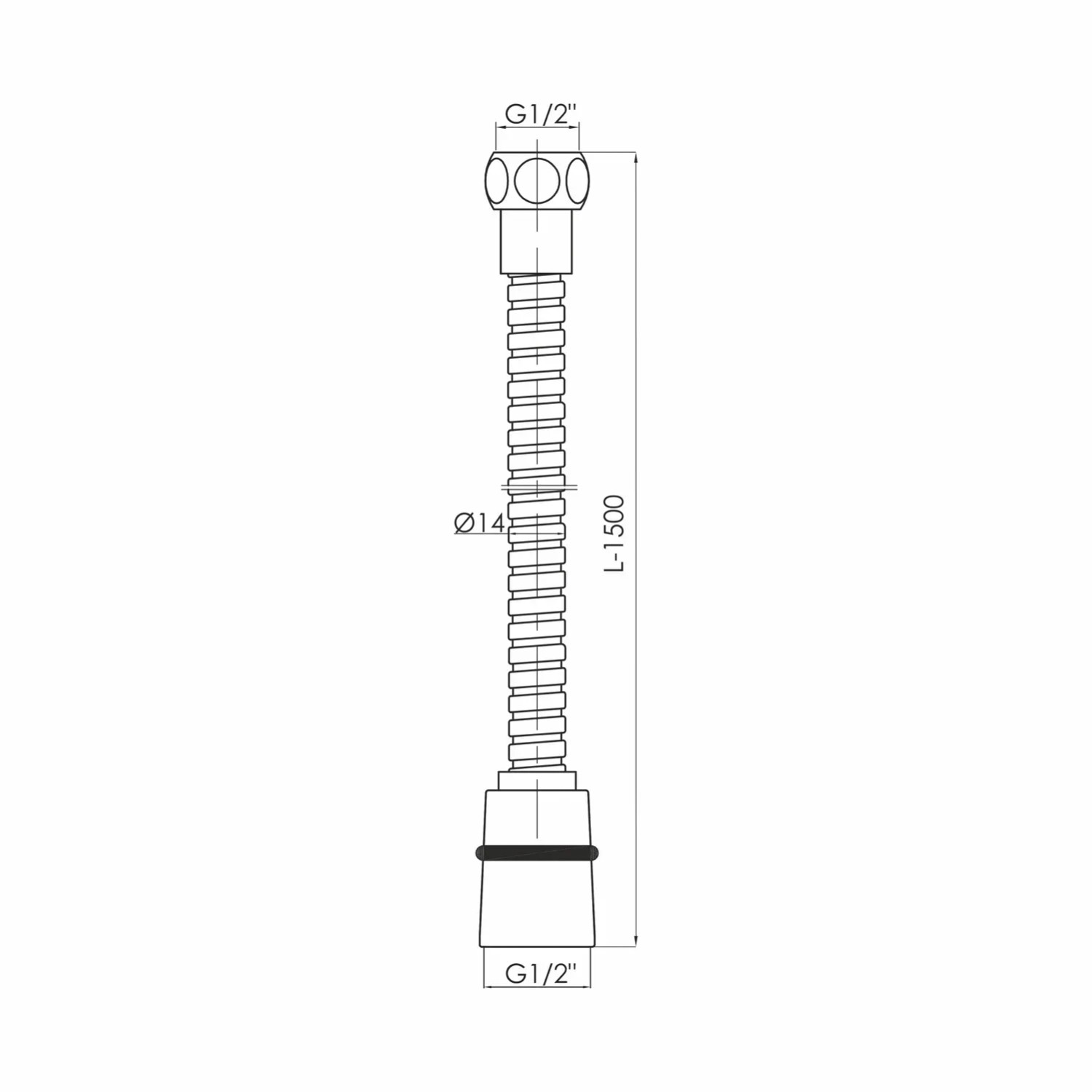 Rysunek techniczny: Wąż prysznicowy elastyczny, długość 1500 mm, przyłącza G1/2.