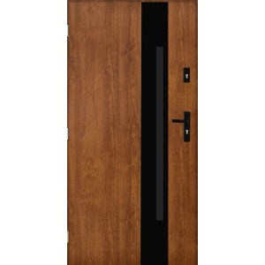 Nowoczesne drzwi zewnętrzne w kolorze drewna z czarnym akcentem i klamką.