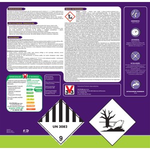 Etykieta lakierobejcy do drewna t.b.t. z instrukcjami użytkowania i bezpieczeństwa.