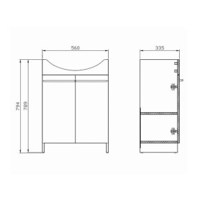 Rysunek techniczny: szafka pod umywalkę t.b.t. z wymiarami do mebli łazienkowych.