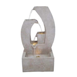 Nowoczesna fontanna ogrodowa z elementami wodnymi i oświetleniem do użytku zewnętrznego.