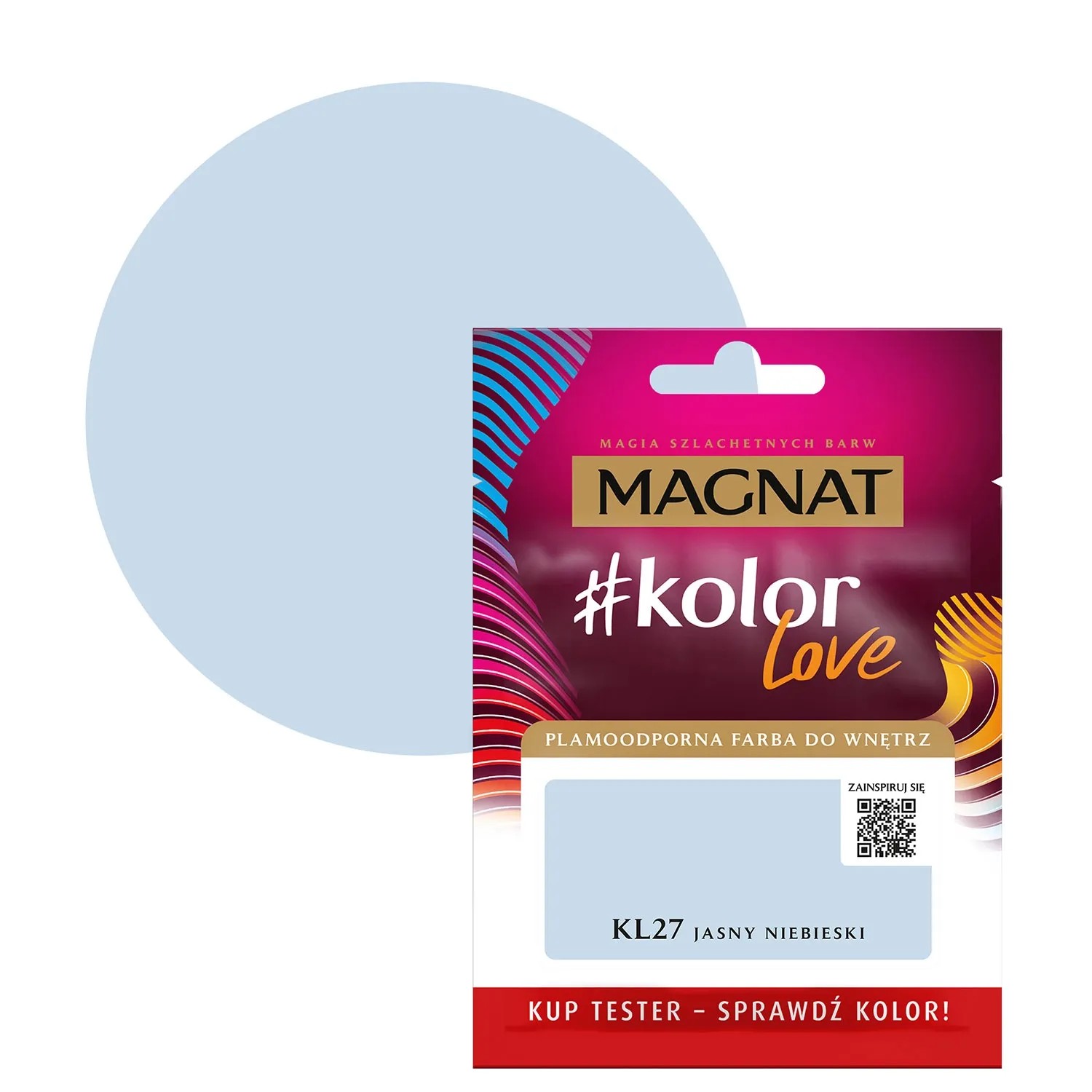 Próbka koloru Magnat #kolor Love KL27 Jasny Niebieski (Jasny niebieski) do farb ściennych.