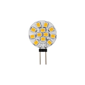 Mała żarówka LED G4 z wieloma diodami LED na okrągłej powierzchni i dwoma pinami.