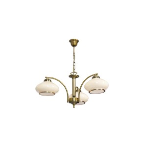 Mosiężna lampa wisząca t.b.t. z trzema kremowymi szklanymi kloszami.