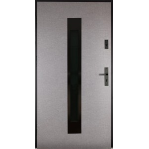 Nowoczesne drzwi zewnętrzne z wstawką szklaną w kolorze szarym i czarnym.