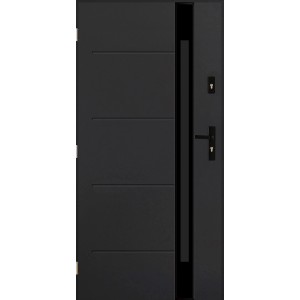 Nowoczesne czarne drzwi zewnętrzne o liniowym wzornictwie i wąskiej wstawce szklanej.
