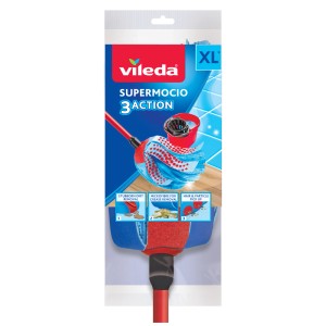 Vileda SuperMocio 3Action XL mop do sprzątania, z czerwoną rączką i niebieską końcówką.