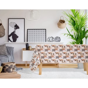 Obrus ze wzorem abstrakcyjnym w kolorach beżowym, brązowym i szarym. Kategoria: Obrusy.