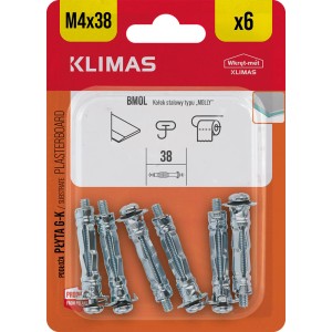 Zestaw 6 kołków Molly Klimas M4x38 do płyt gipsowych, stal, srebrne.