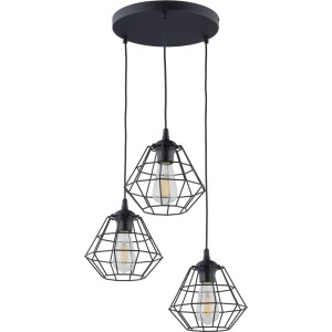Czarna lampa wisząca z trzema geometrycznymi kloszami w stylu industrialnym.