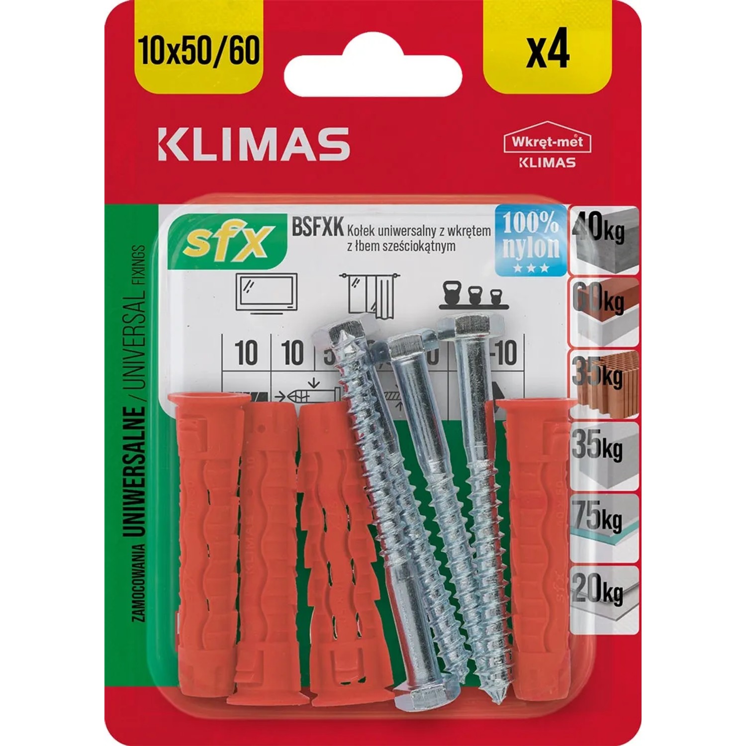 Wkręt-met Kołek SFX uniwersalny 10x50mm z łbem 6-kątnym 4szt