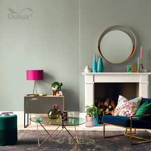 Pokój dzienny z farbą ścienną w delikatnym odcieniu zieleni, urządzony meblami w różnych kolorach.