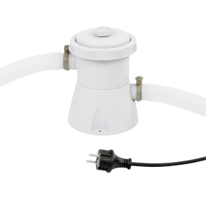 Biała pompa basenowa z wężami i wtyczką do czyszczenia basenu.