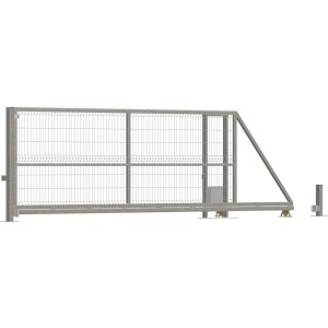 Szara metalowa brama przesuwna z wkładką siatkową do paneli i ogrodzeń.