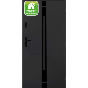 Nowoczesne, szare drzwi zewnętrzne z wąskim, pionowym przeszkleniem i czarną klamką.