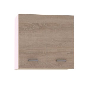 Szafka wisząca z kategorii zestawy mebli kuchennych z dwoma drzwiami w kolorze drewna i srebrnymi uchwytami.