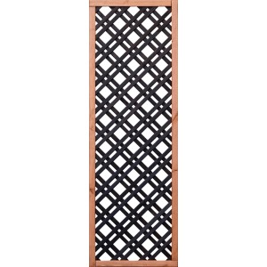 Panel ogrodzeniowy drewniany t.b.t. z ciemną kratką i jasną drewnianą ramą.