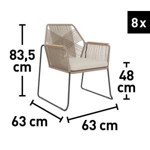 Wymiary zestawu mebli ogrodowych t.b.t.: Fotel z pokryciem sznurkowym, wysokość siedziska 48 cm, wysokość 83,5 cm, szerokość 63 cm.