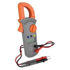 t.b.t. Miernik elektryczny, pomarańczowo-szary z przewodami pomiarowymi.