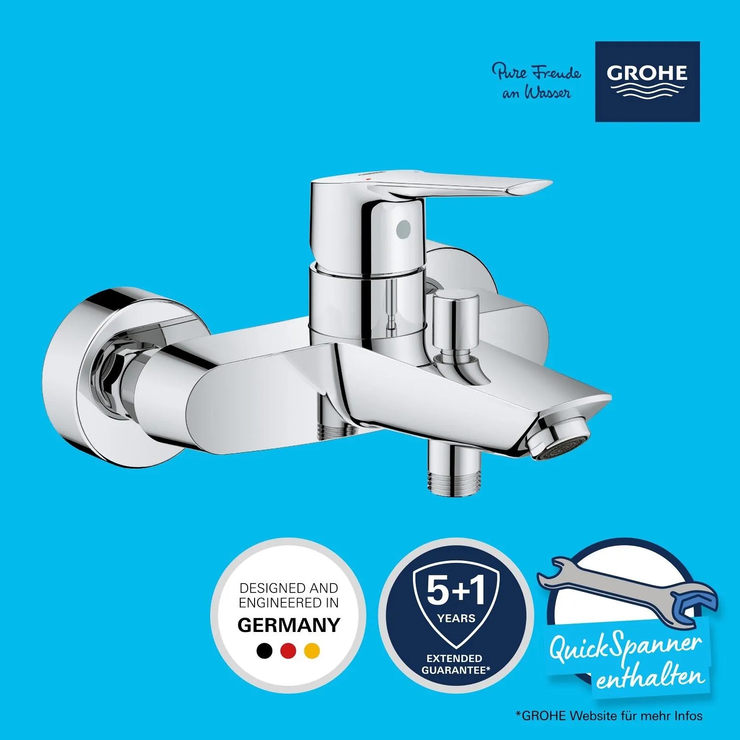 Bateria wannowa Grohe QuickFix Start do montażu ściennego, chrom. Jednouchwytowa bateria do wanny.