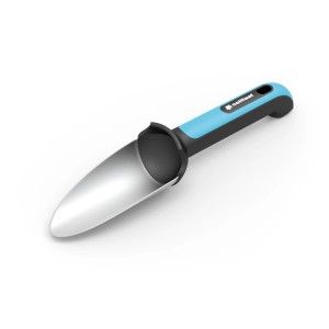 Mała łopatka ogrodowa z niebieską rączką do prac ogrodowych.