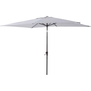 Szary parasol balkonowy t.b.t. z prostokątnym kloszem i czarną ramą.