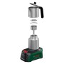 Ekspres akumulatorowy Bosch EasyMoka 18V-2 Inox, rozłożony. Srebrny dzbanek, filtr, zielona podstawa.