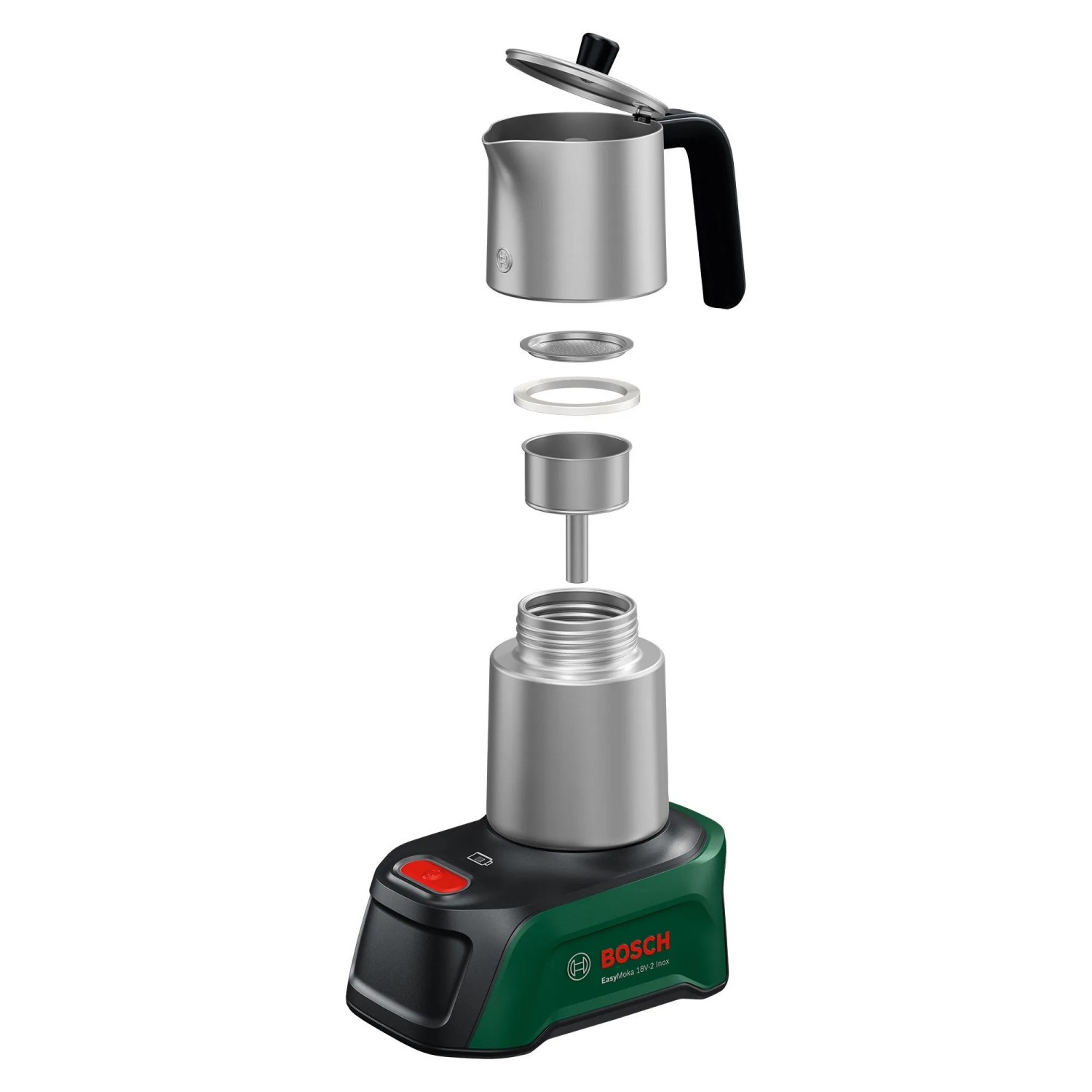 Ekspres akumulatorowy Bosch EasyMoka 18V-2 Inox, rozłożony. Srebrny dzbanek, filtr, zielona podstawa.