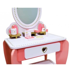 Różowa toaletka dla dzieci z lustrem i akcesoriami do zabawy w role.