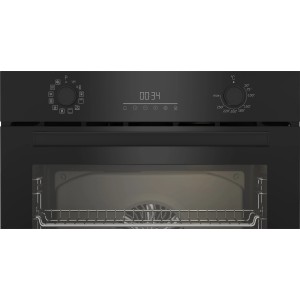 Czarny piekarnik do zabudowy t.b.t. z cyfrowym wyświetlaczem i pokrętłami.