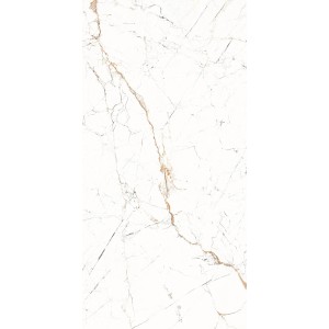 Płytka podłogowa t.b.t. imitująca marmur, biała z żyłkami w kolorze złota.