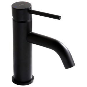 Czarna bateria umywalkowa t.b.t. do nowoczesnych łazienek.